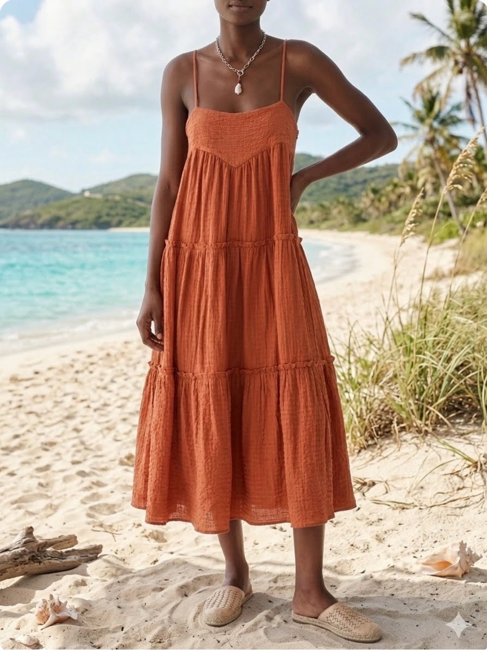 dRA Los Angeles Brick Orange Tiered Cami Midi Dress Small Style 73365